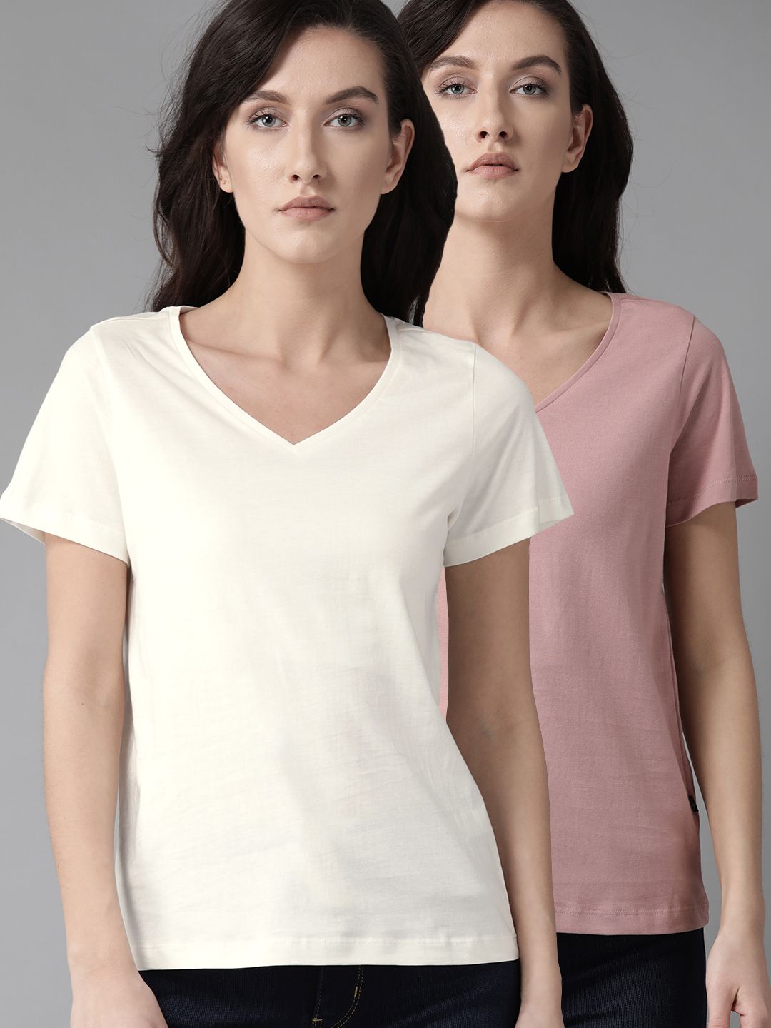 Roadster Women Pack Of 2 Solid V-Neck Pure Cotton T-shirts Price in India