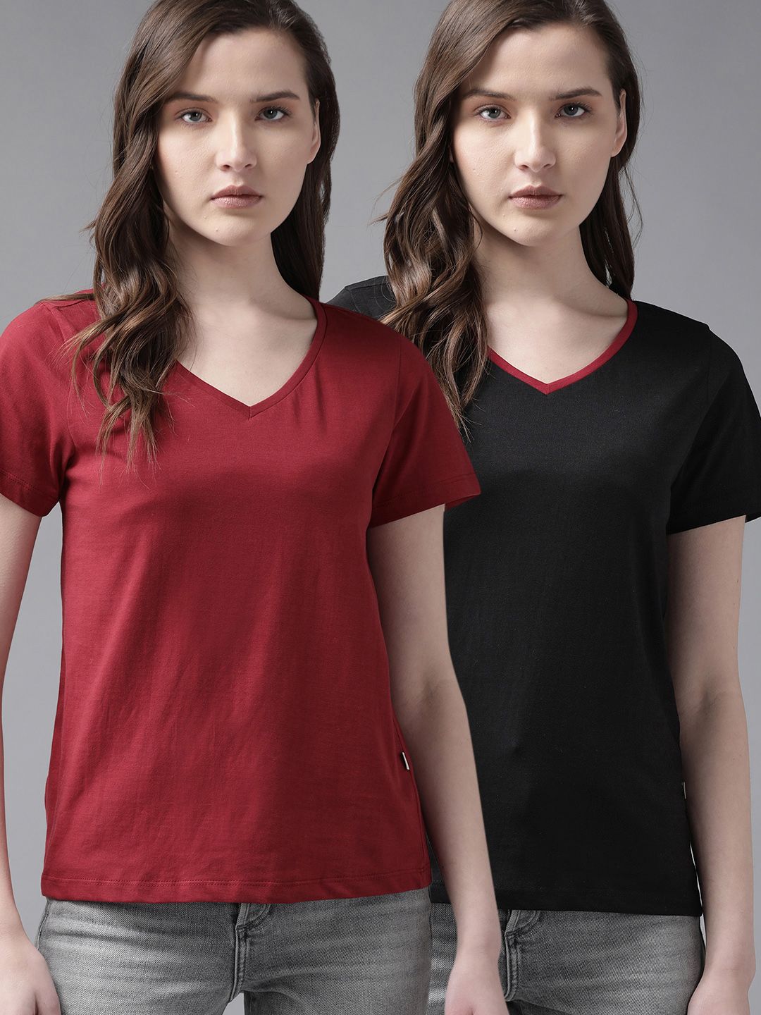 Roadster Women Pack of 2 Solid Pure Cotton V-Neck T-Shirts