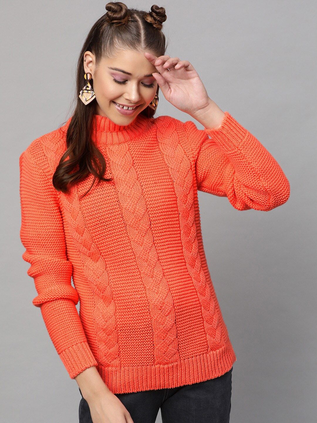 STREET 9 Women Orange Self Design Pullover Sweater Price in India