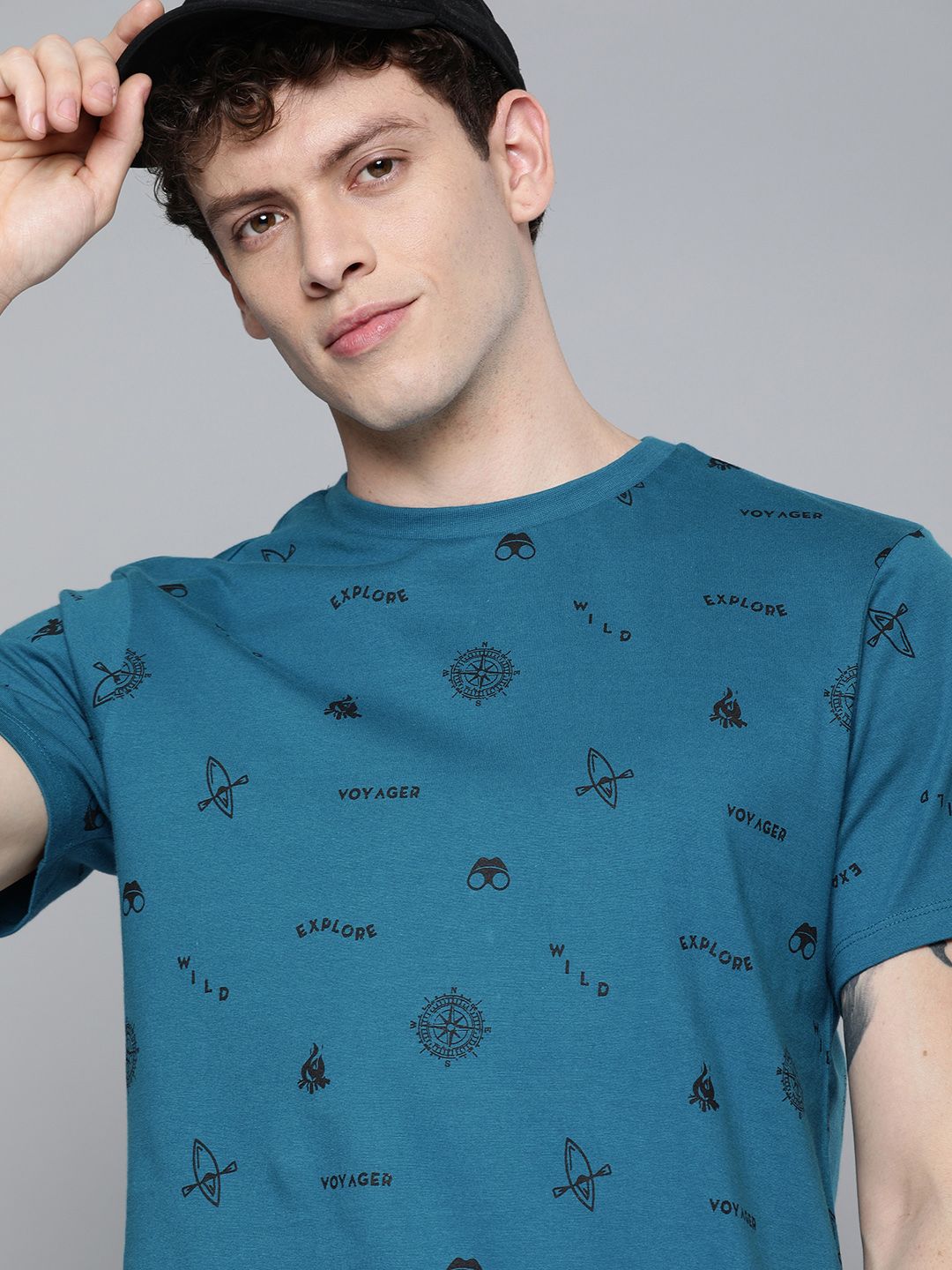Harvard Men Teal Blue  Black Printed Round Neck  Cotton T-shirt