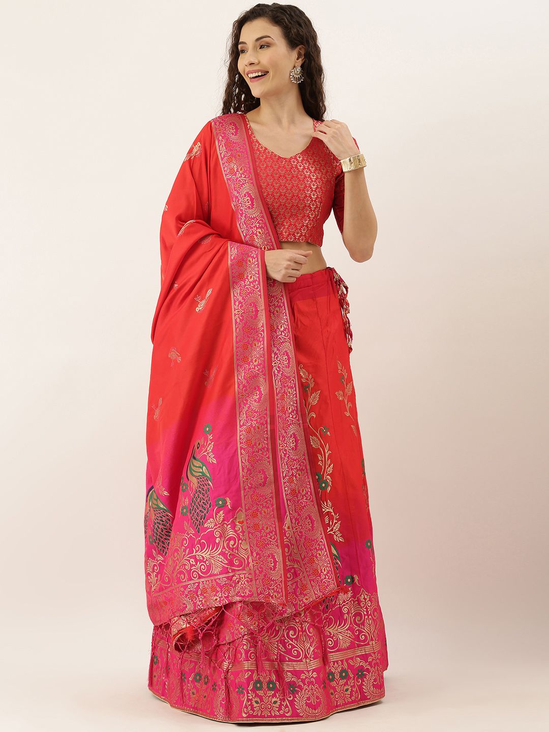 Om Shantam Sarees Red & Pink Woven Design Semi-Stitched Lehenga & Unstitched Blouse with Dupatta