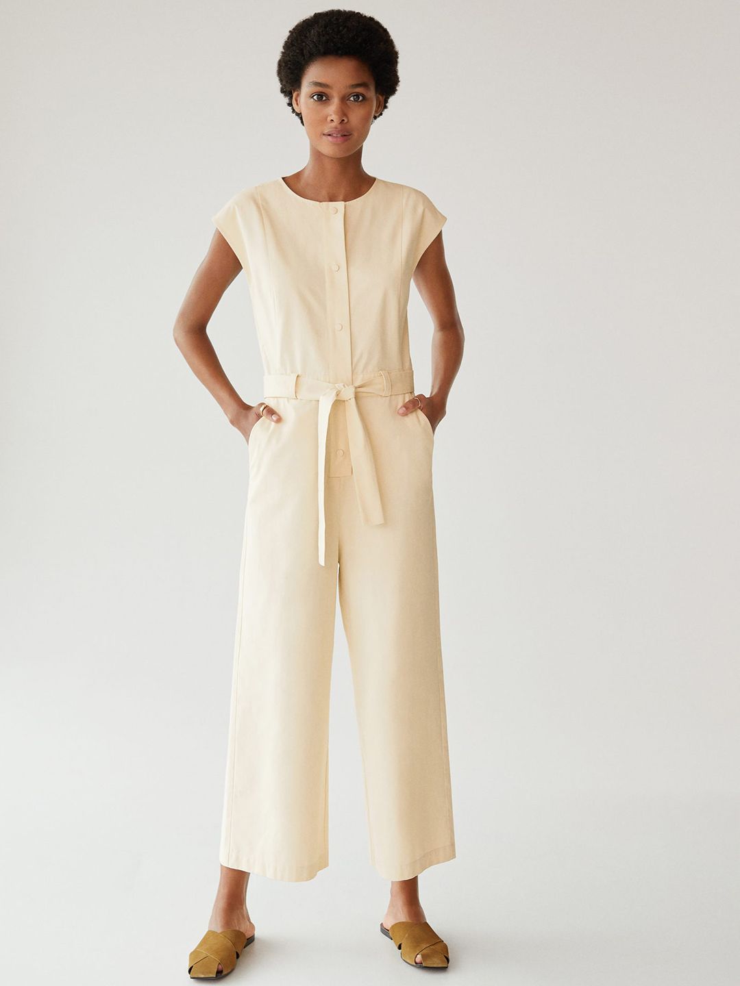 MANGO Women Off-White Solid Basic Jumpsuit with Belt Price in India