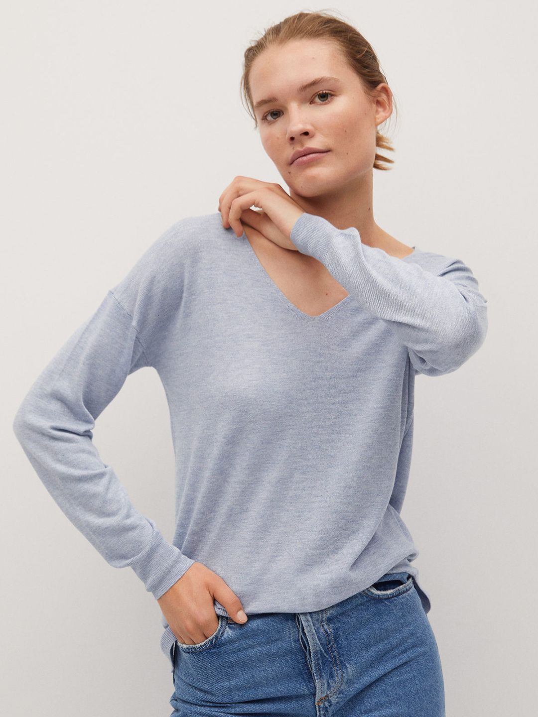 MANGO Women Blue Sustainable Solid Pullover Price in India