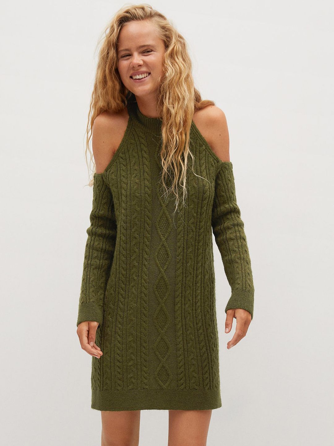 Buy MANGO Women Olive Green Cable Knitted Cold-Shoulder Jumper Dress -  Dresses for Women 12676630 | Myntra