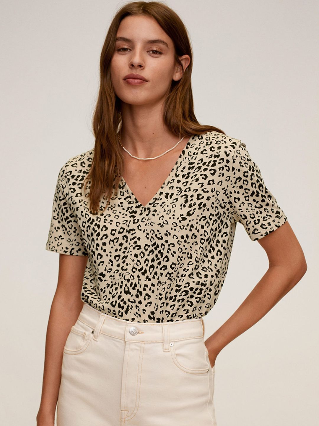 MANGO Women Beige & Black Leopard Print V-Neck T-shirt