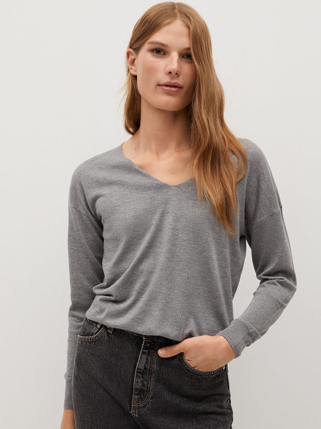 MANGO Women Grey Melange Sustainable Solid Pullover Price in India