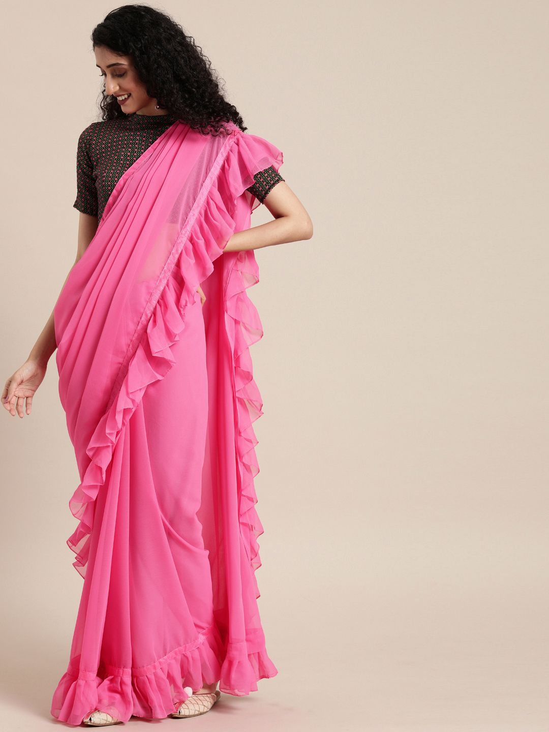 SHAVYA Pink Solid Pure Georgette Ruffled Saree