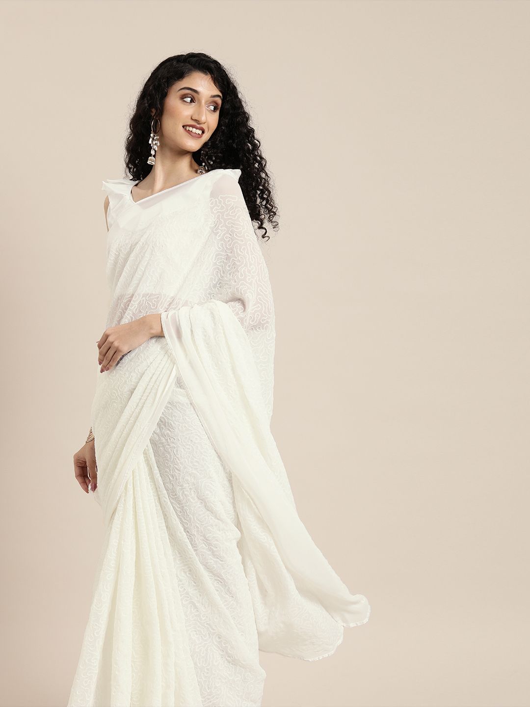 SHAVYA White Embellished Pure Georgette Saree
