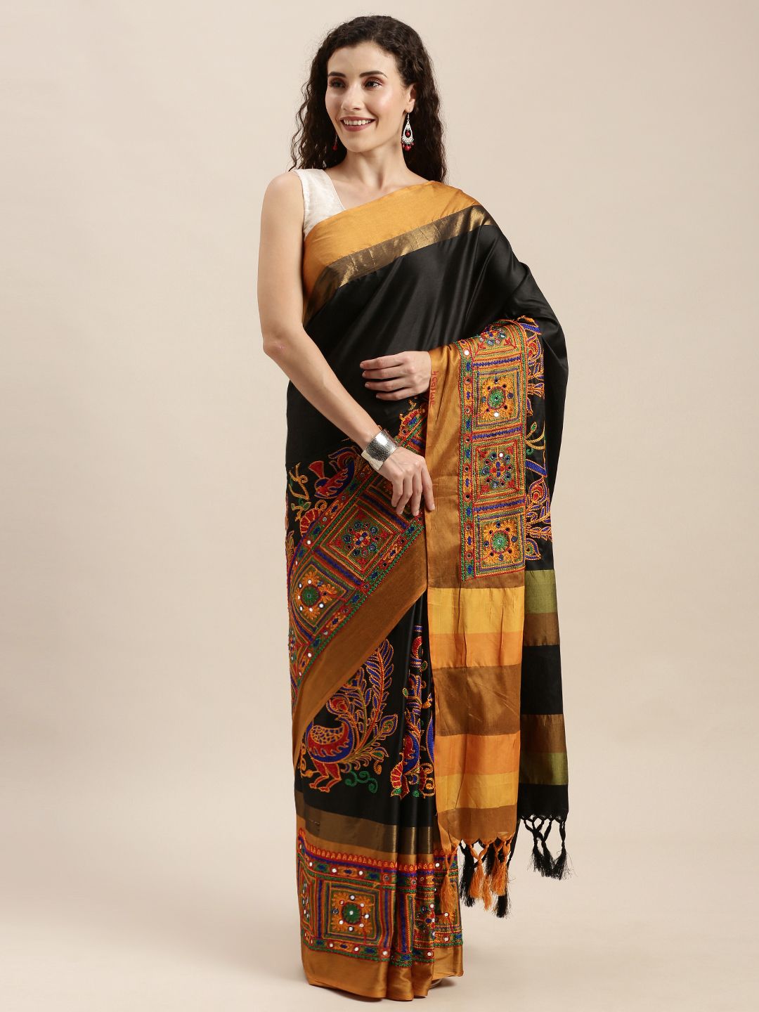 Mitera Black & Orange Silk Cotton Kutchi Embroidered Saree