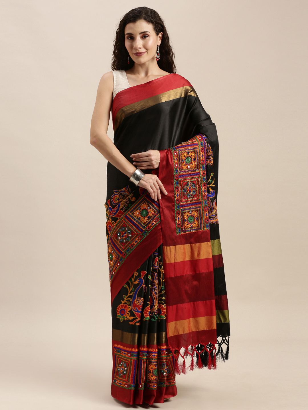 Mitera Black & Red Silk Cotton Kutchi Embroidered Saree Price in India