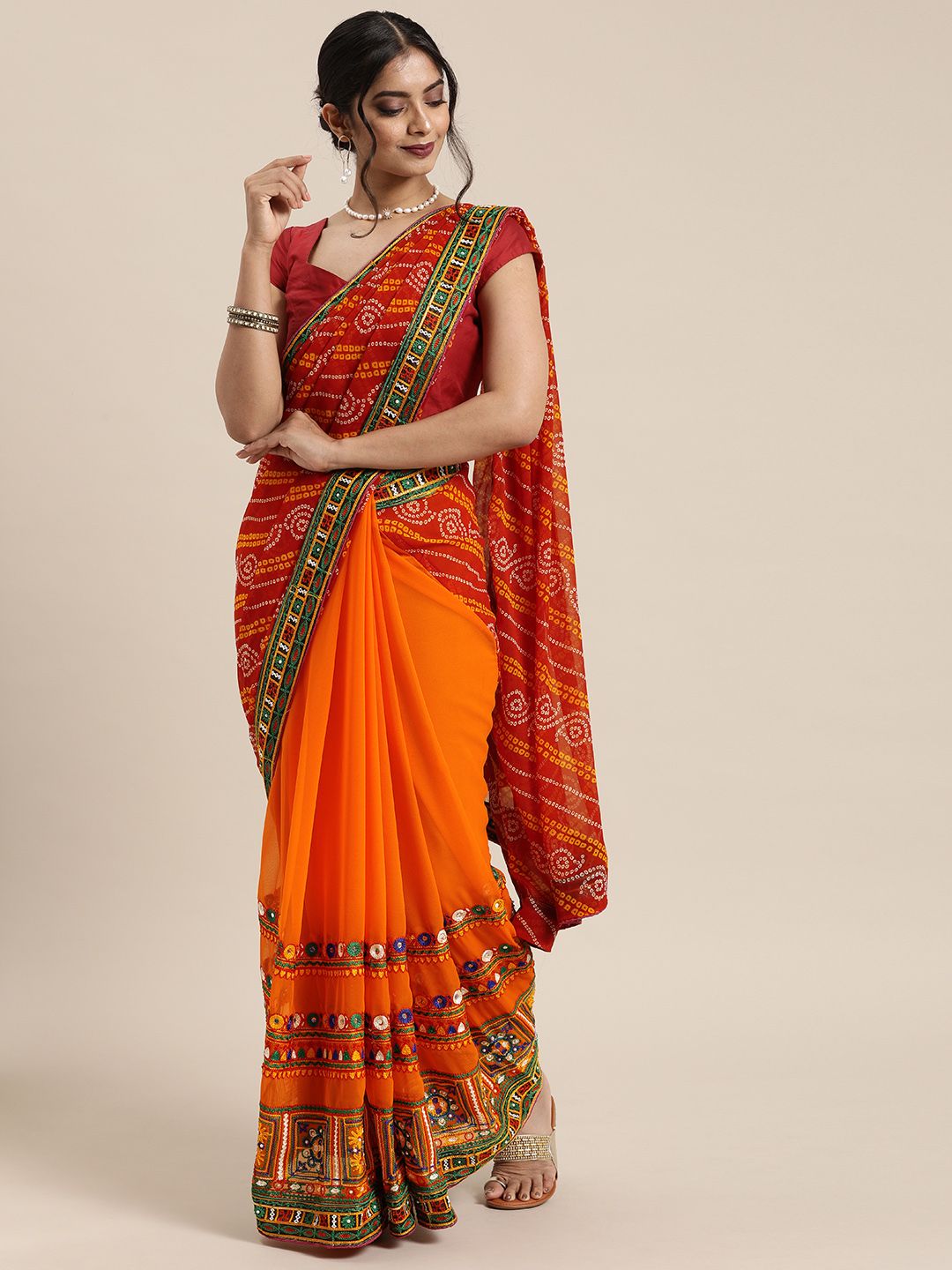 Mitera Red & Orange Pure Georgette Embroidered Bandhani Saree Price in India