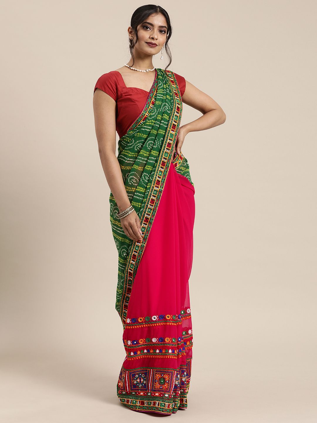 Mitera Green & Pink Pure Georgette Embroidered Bandhani Saree Price in India