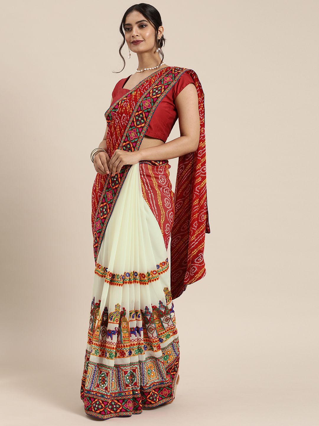 Mitera Red & Off-White Pure Georgette Embroidered Bandhani Saree Price in India