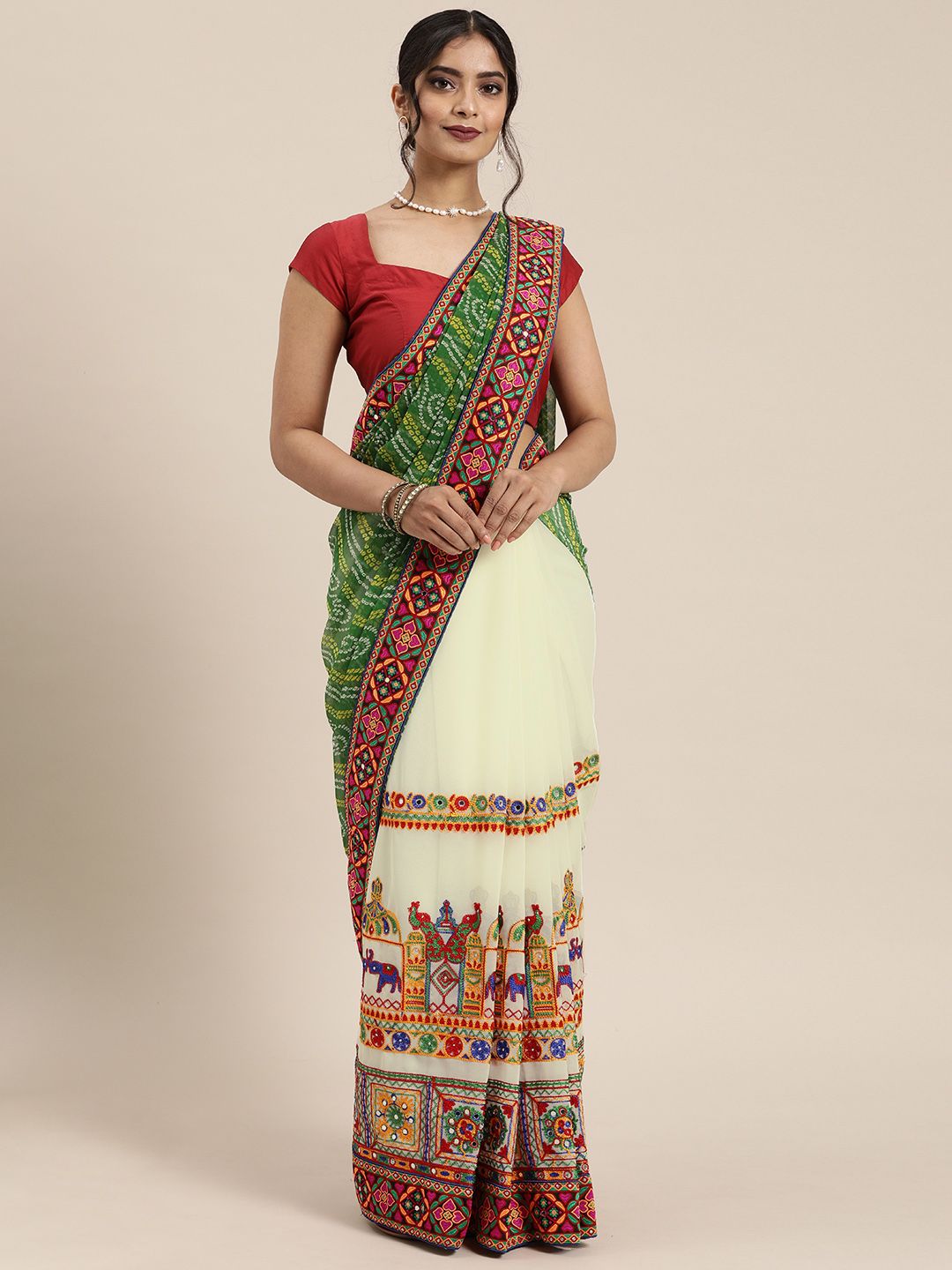 Mitera Green & Off-White Pure Georgette Embroidered Bandhani Saree Price in India