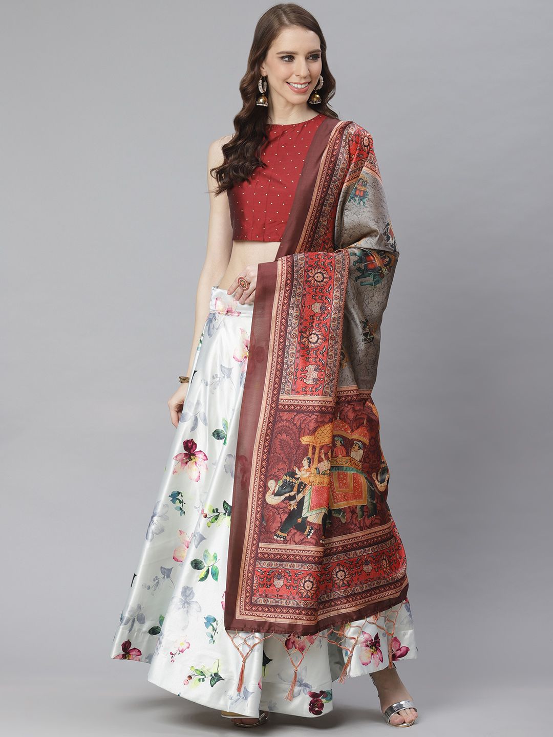 KSUT Maroon & Blue Printed Unstitched Lehenga & Blouse with Dupatta