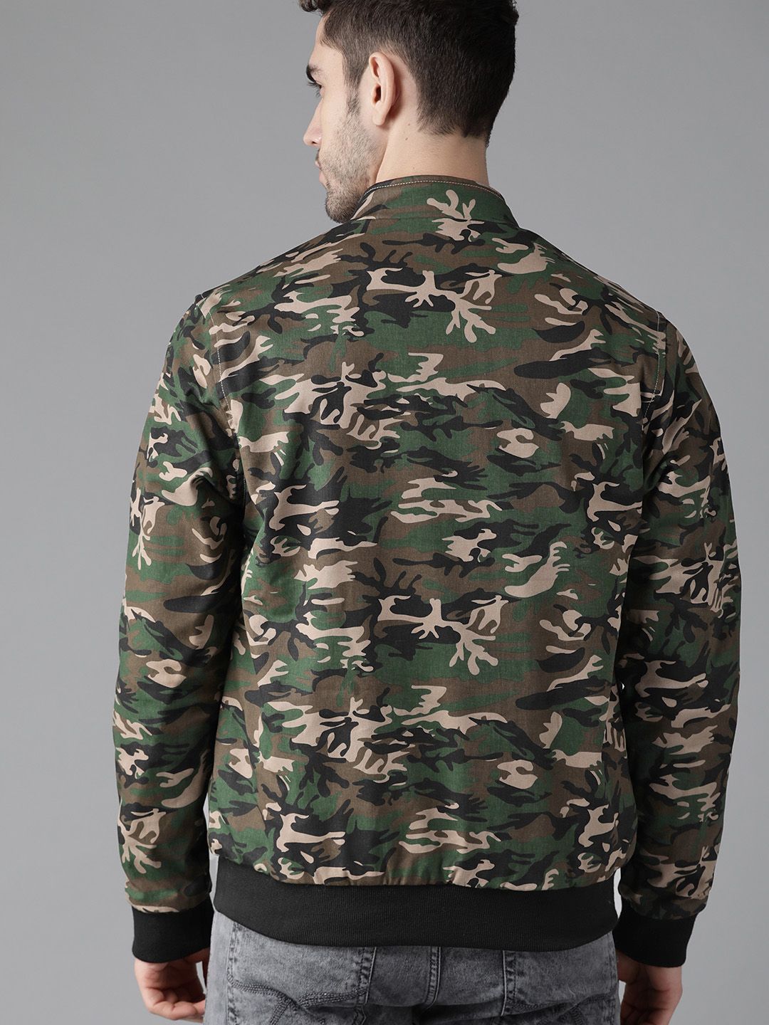 Buy Roadster Men Black & Grey Camouflage Printed Reversible Bomber