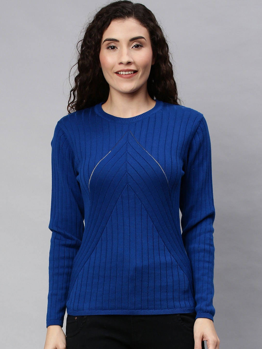 ONLY Women Blue Self-Striped Cotton Pullover Sweater Price in India