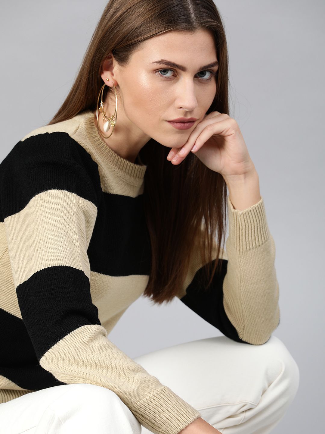ONLY Women Beige & Black Colourblocked Pullover Sweater Price in India