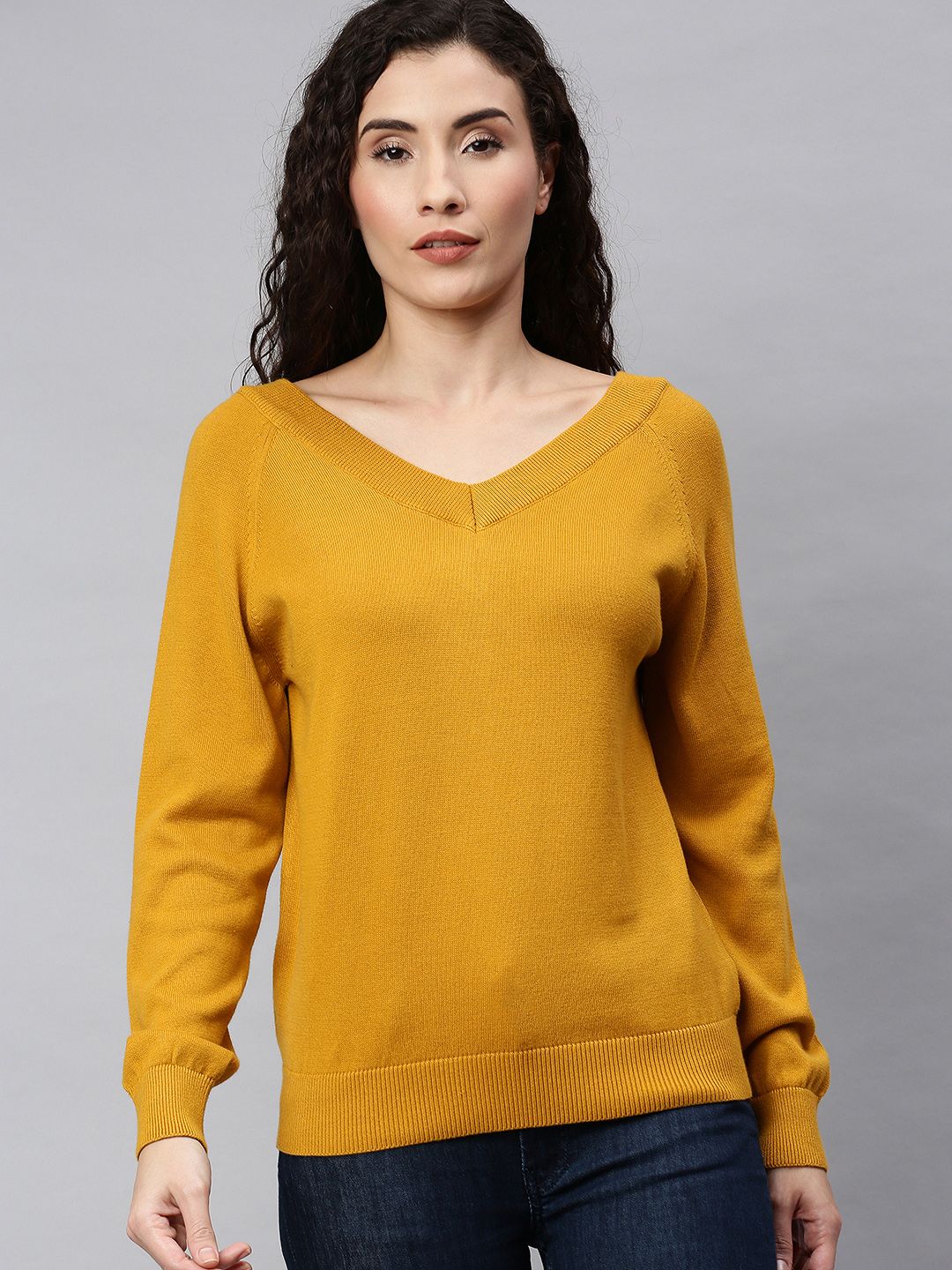 ONLY Women Mustard Yellow Solid Cotton Pullover Sweater Price in India