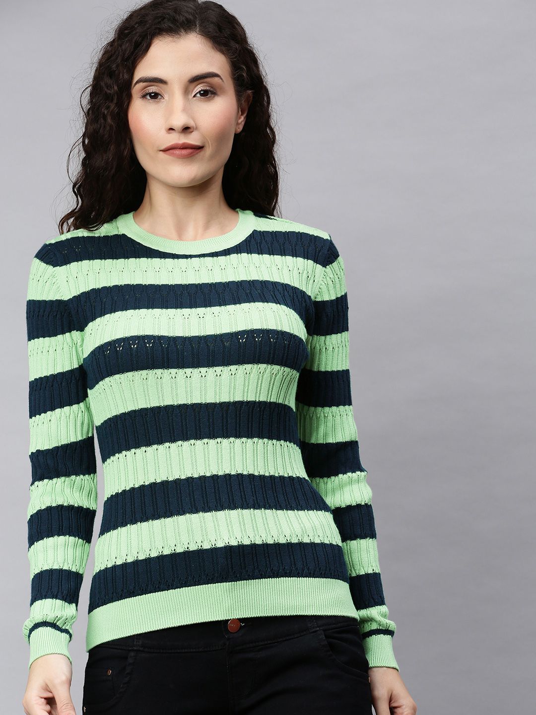 ONLY Women Green Striped Pullover Sweater Price in India