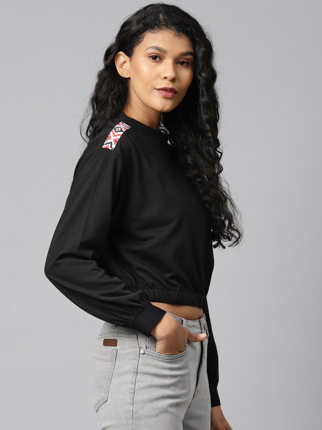 Hubberholme Women Black Solid Cropped Sweatshirt Price in India