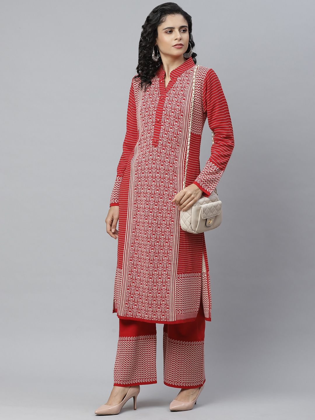 Cayman Women Red & Off-White Woven Design Pure Wool Winter Kurta with Palazzos