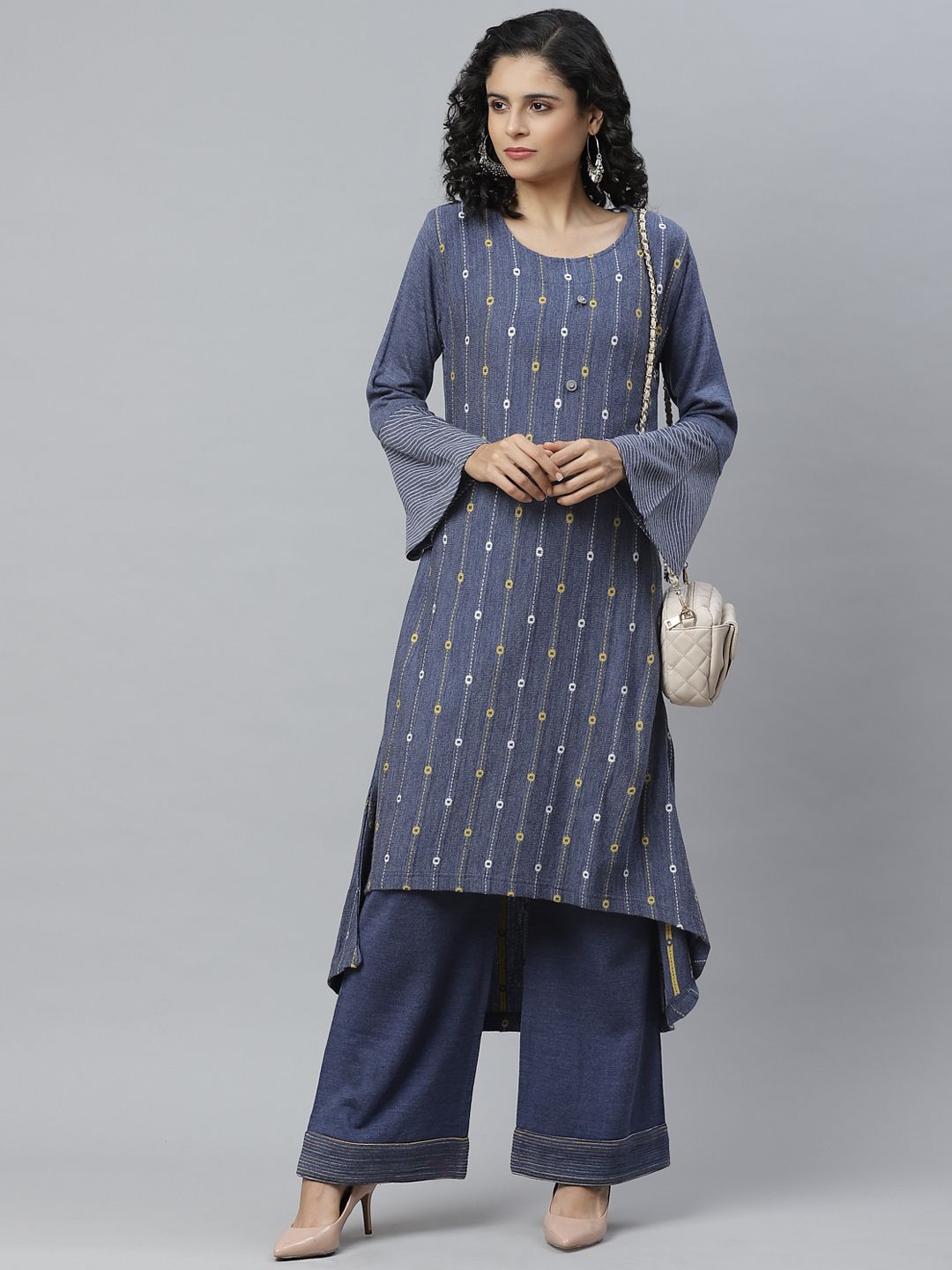 Cayman Women Navy Blue & White Self Design Pure Wool Winter Kurta with Palazzos