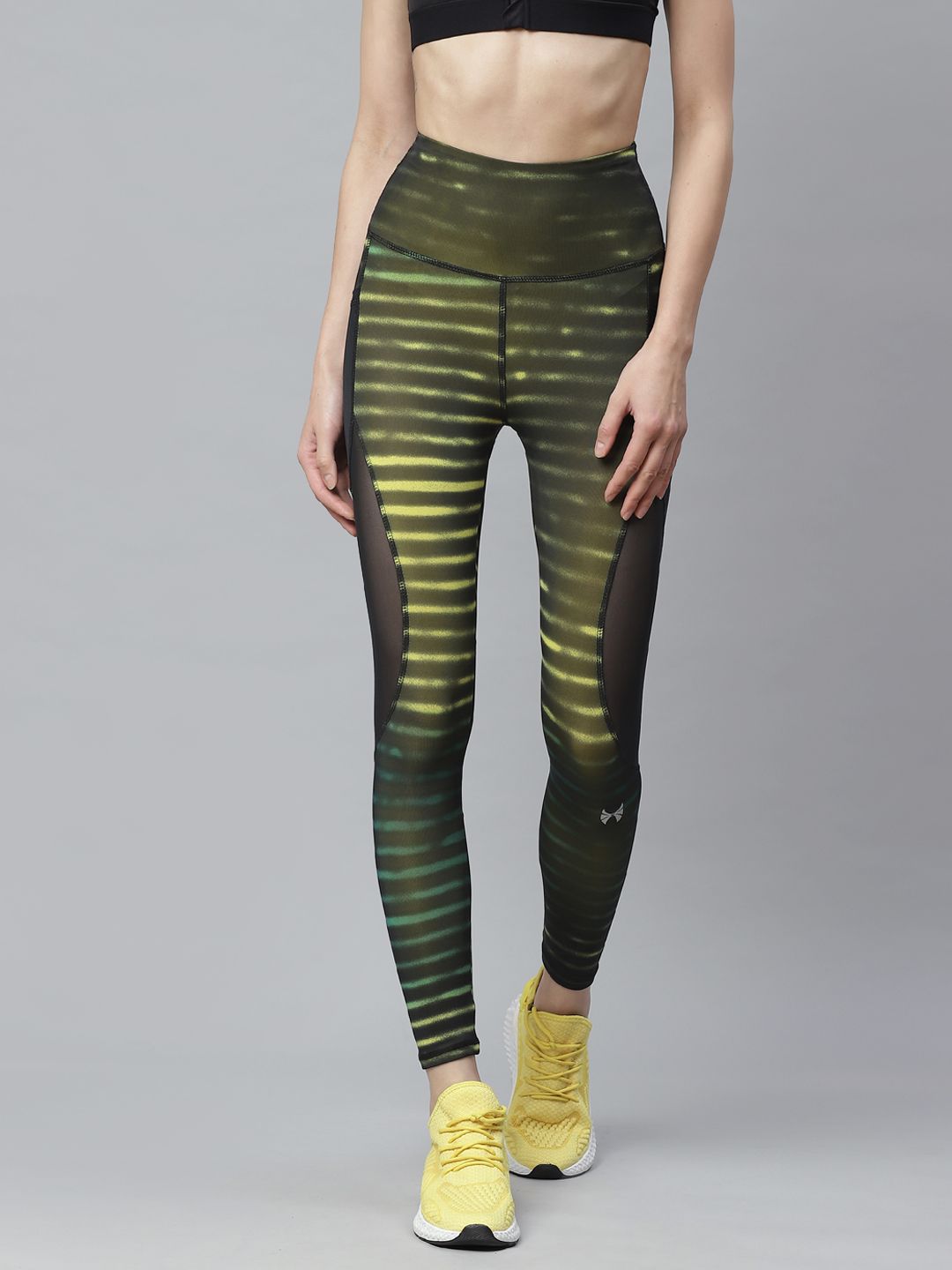 skyria Women Black & Yellow Striped Mesh Panelled Training Tights Price in India