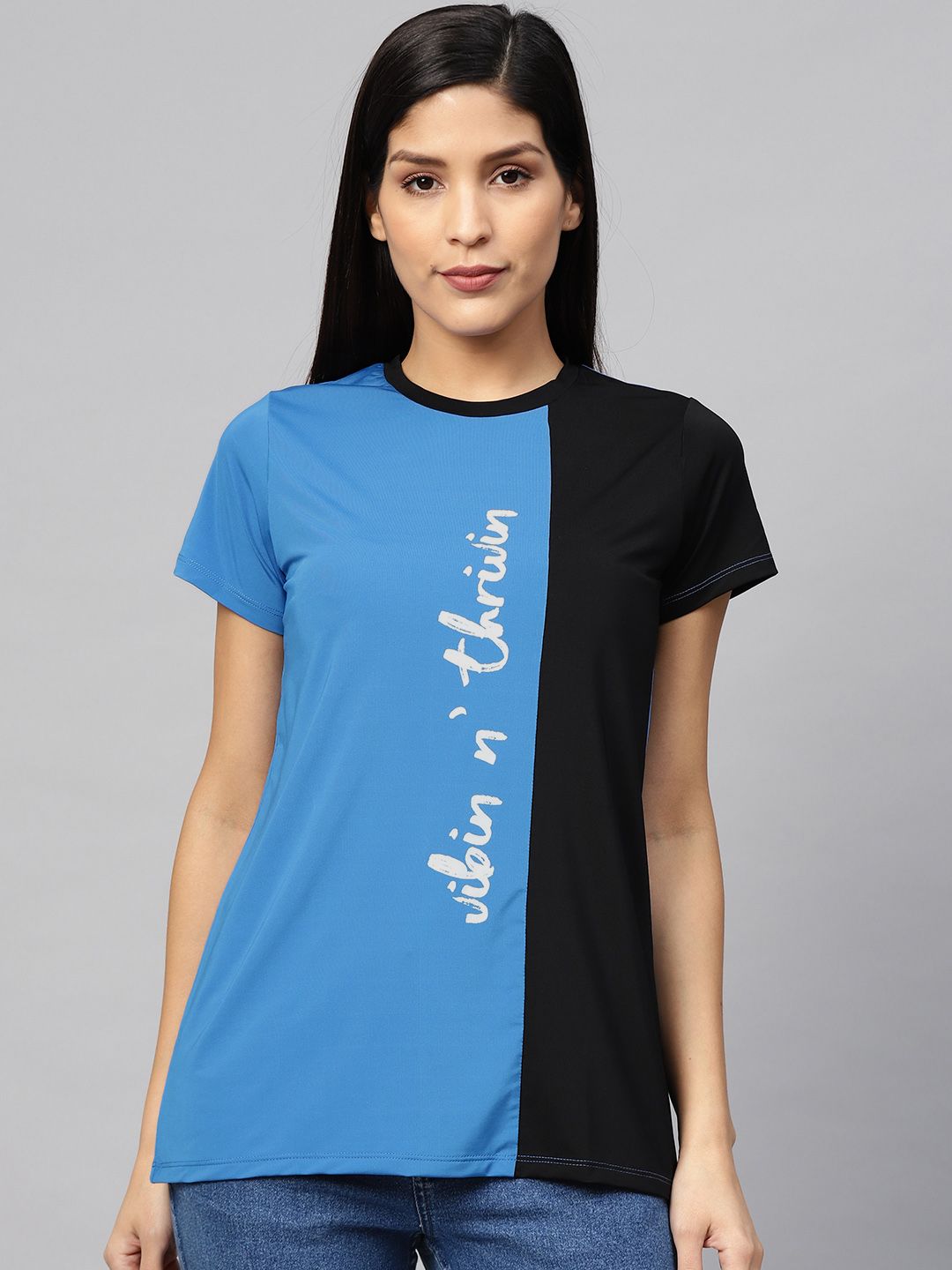 skyria Women Blue & Black Colourblocked Round Neck T-shirt Price in India