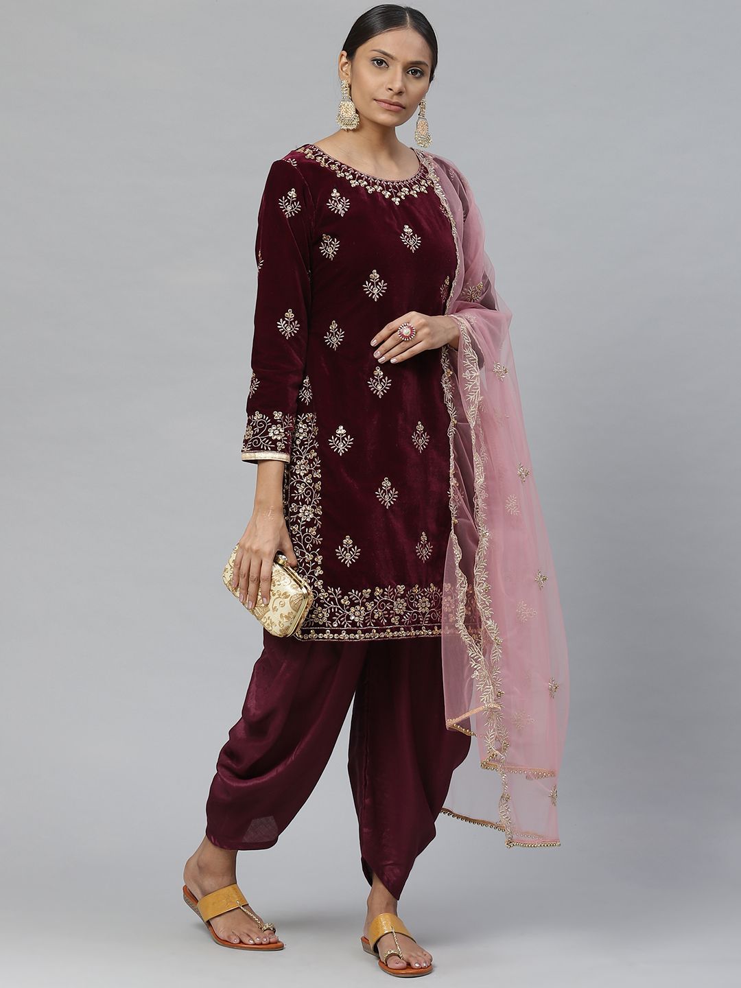 Readiprint Fashions Burgundy & Golden Velvet Finish Semi-Stitched Dress Material Price in India