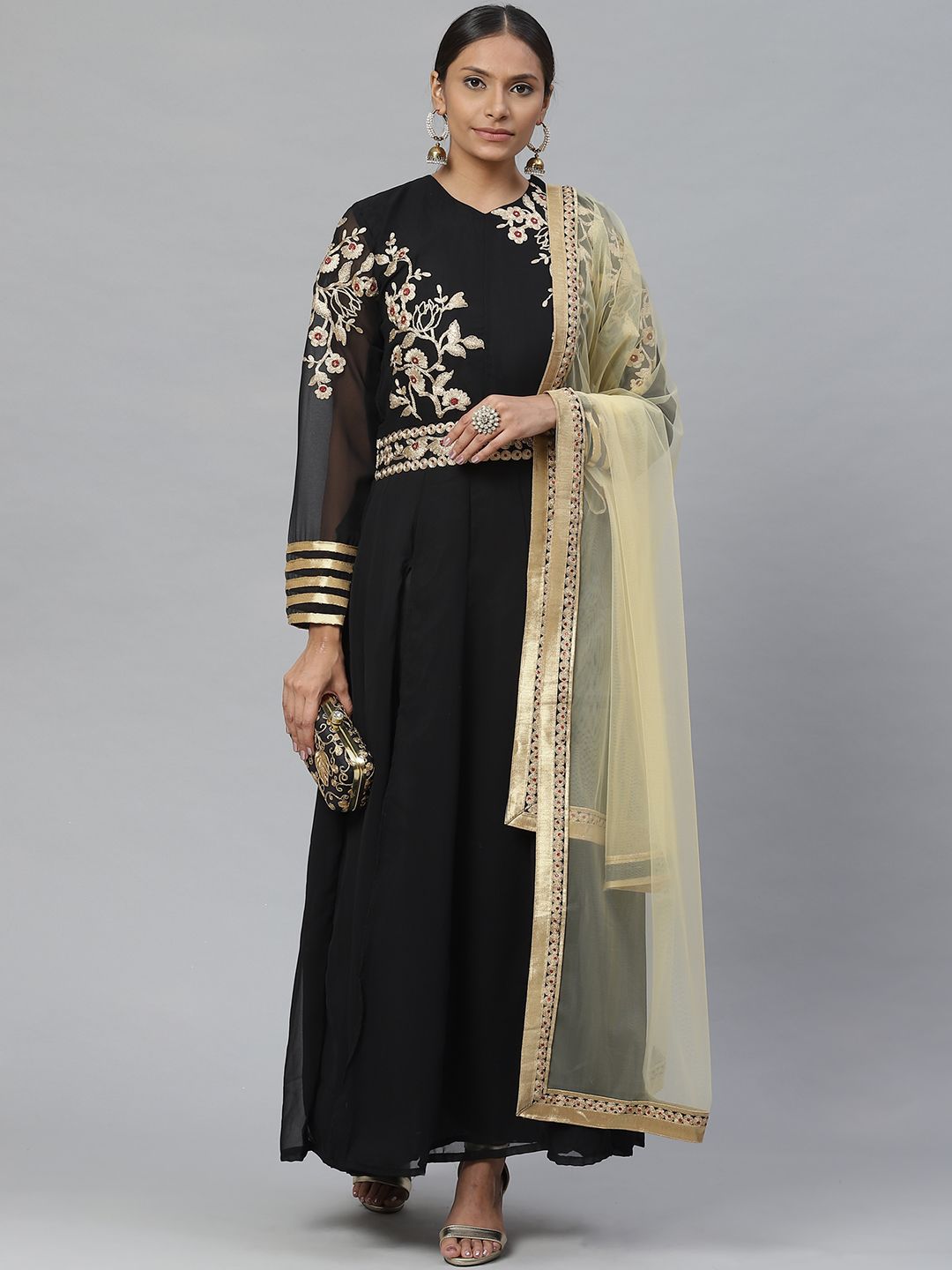 Readiprint Fashions Black Embroidered Semi-Stitched Dress Material Price in India