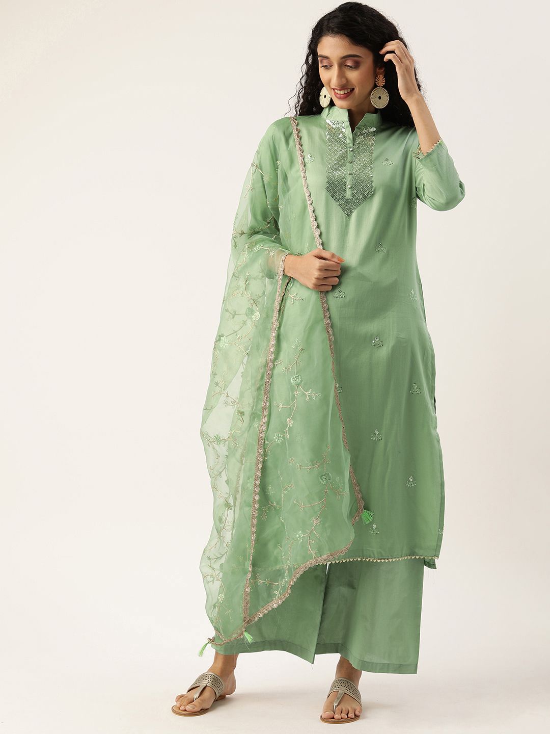 Rajnandini Green & Beige Cotton Blend Unstitched Dress Material with Dupatta Price in India