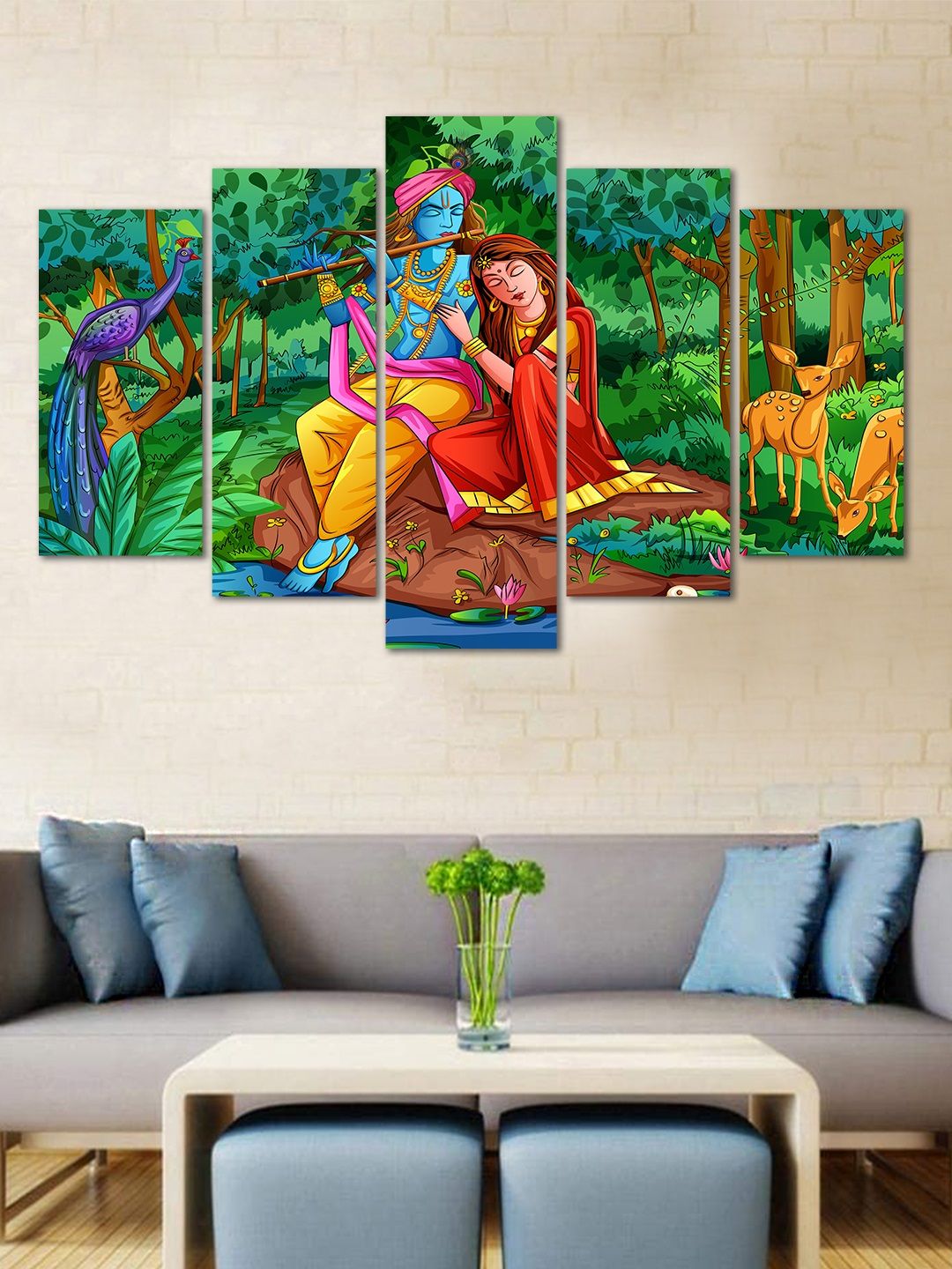 WENS Green & Red Radhe Krishna Velvet Laminated 5 Panelled Wall Art Price in India