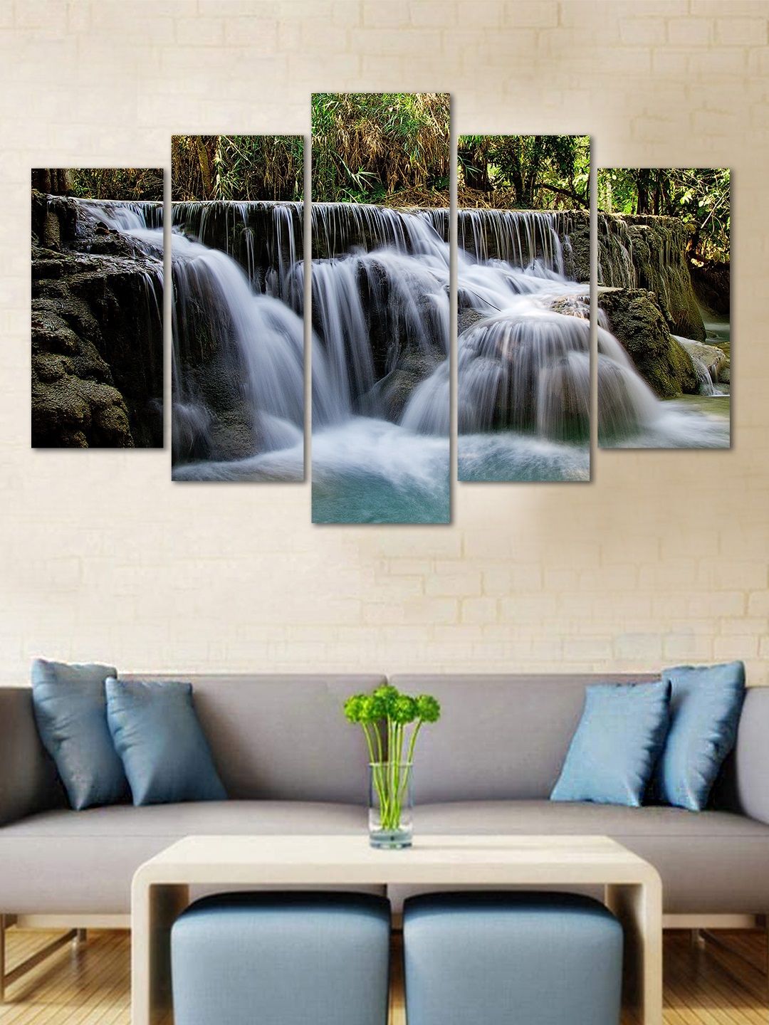 WENS Green & White Beautiful Waterfall Velvet Laminated 5 Panelled Wall Art Price in India
