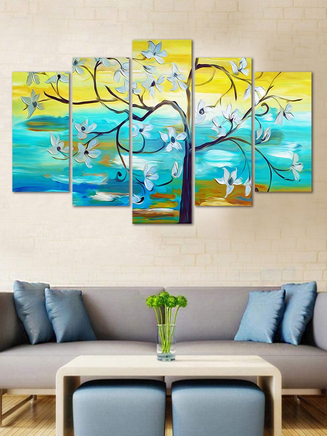 WENS Blue & Yellow Tree 5 Panelled Velvet Wall Art Price in India