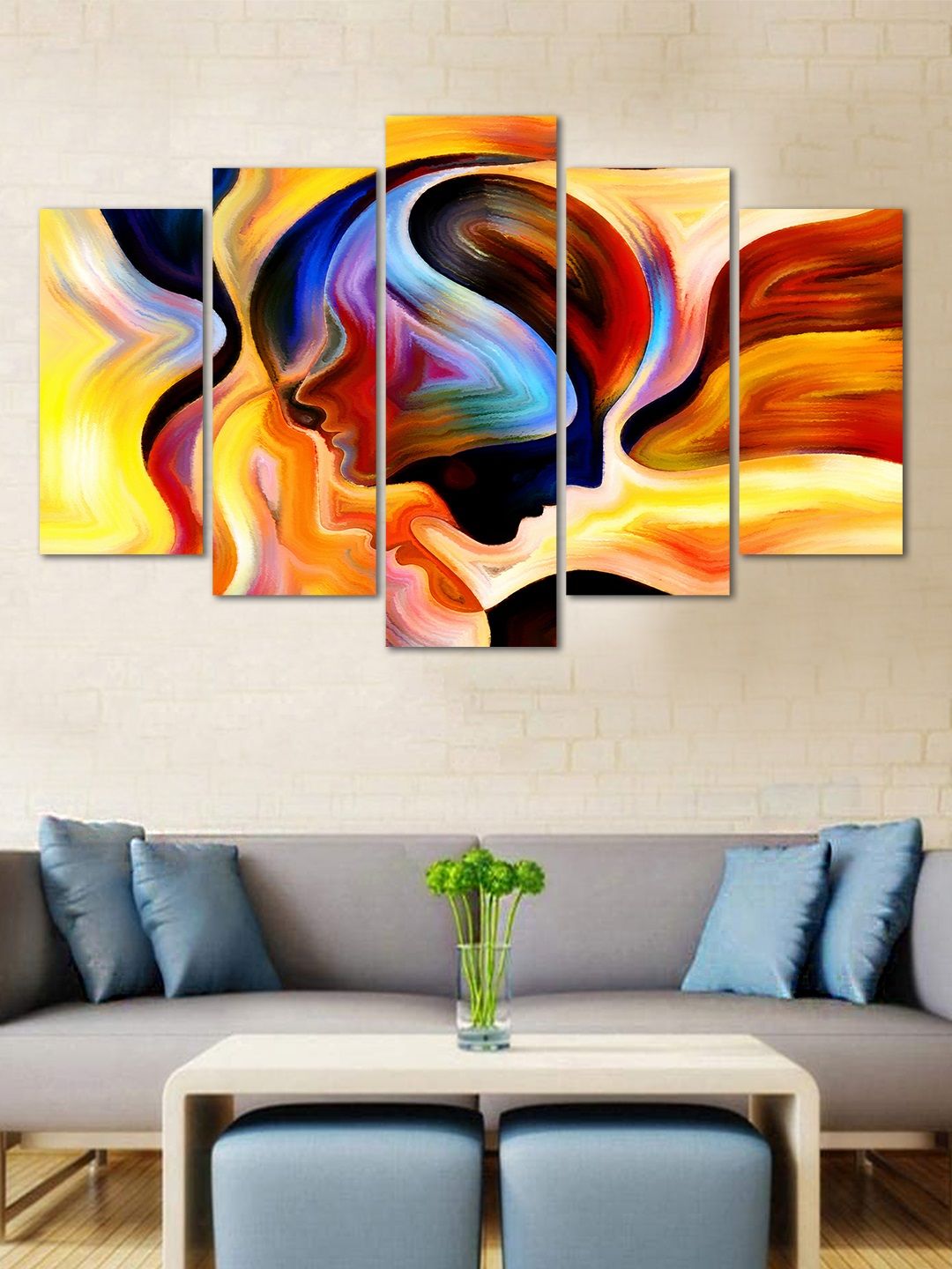 WENS Yellow & Red Abstract Velvet Laminated 5 Panels Framed Wall Art Price in India