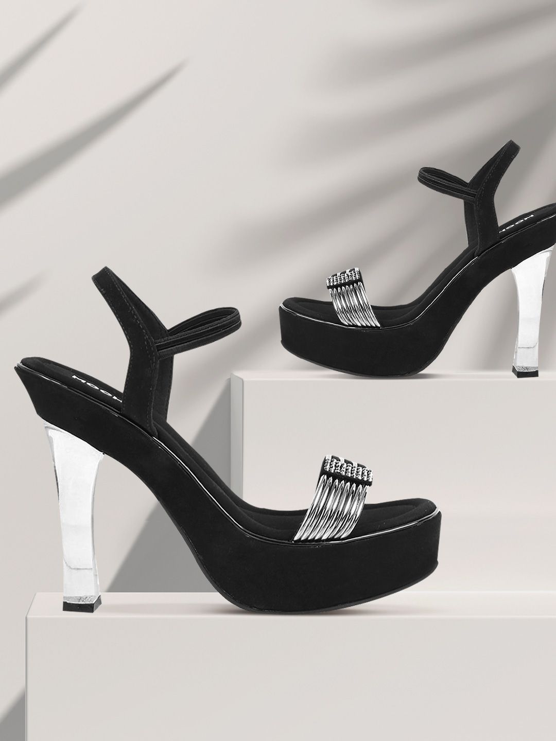 Mochi Women Black & Silver-Toned Textured Platform Heels Price in India