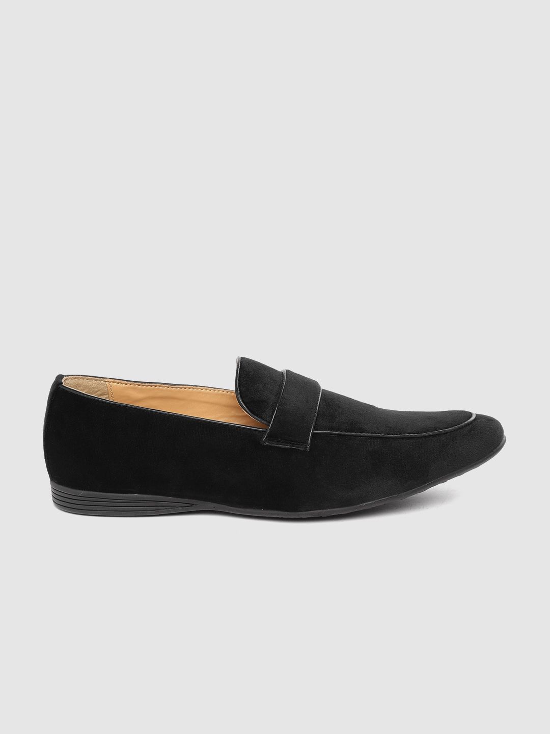 House of Pataudi Men Black Velvet Finish Handcrafted Slip-Ons