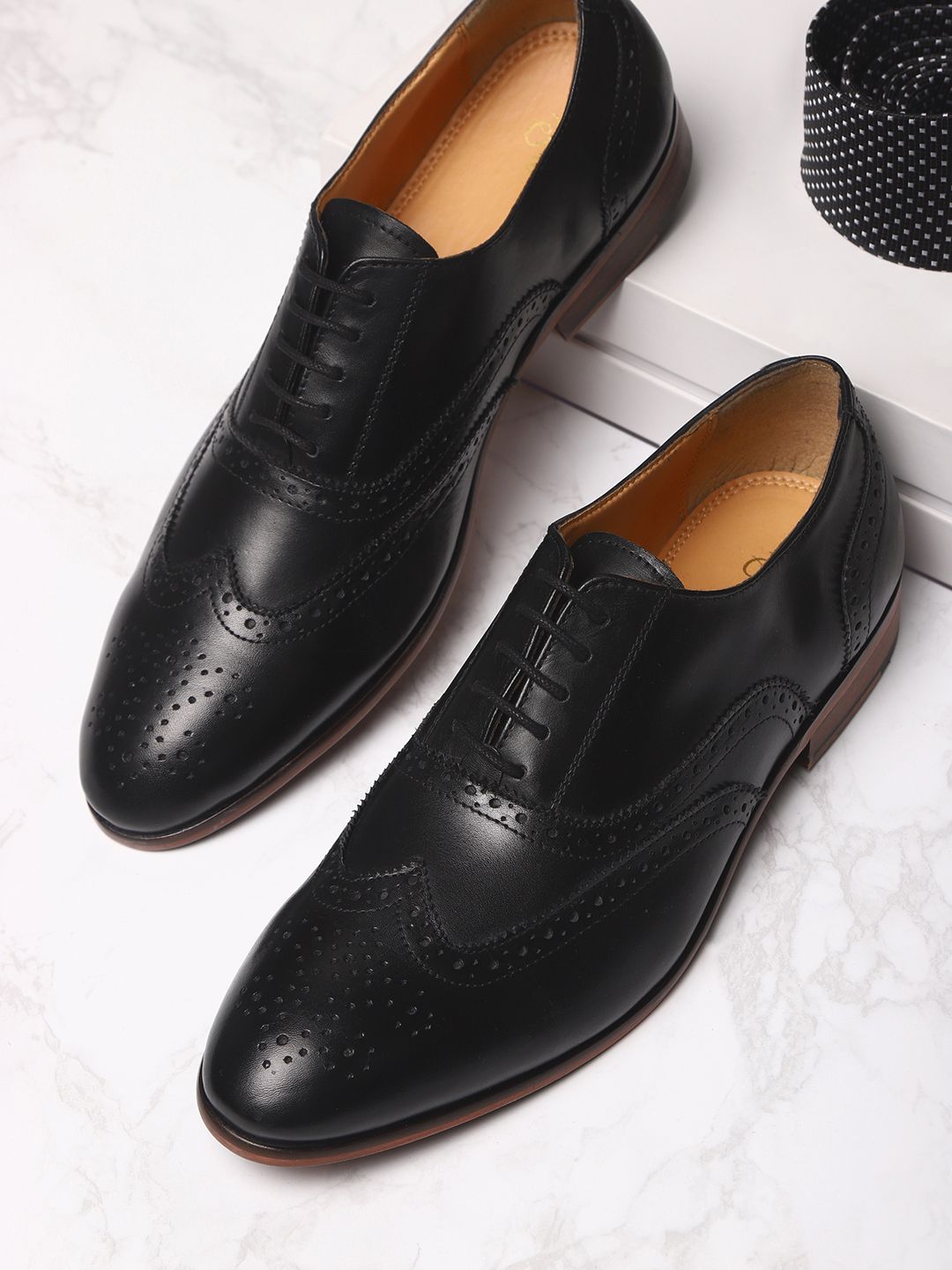 House of Pataudi Men Black Leather Handcrafted Formal Brogues