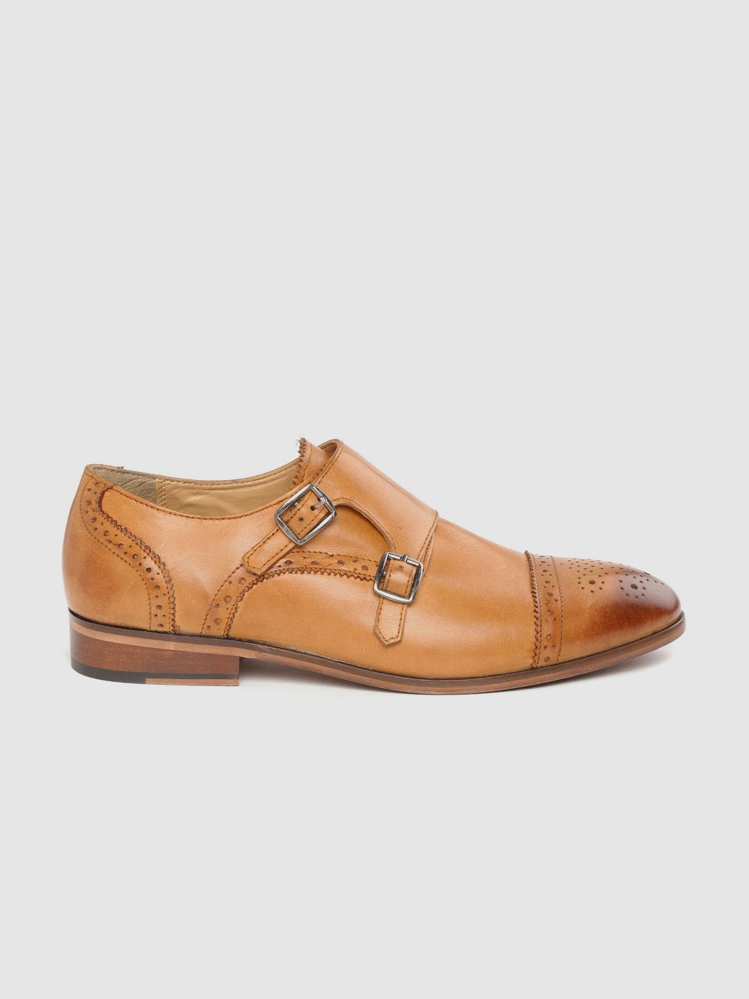 House of Pataudi Men Tan Brown Leather Brogue Detail Handcrafted Formal Monks