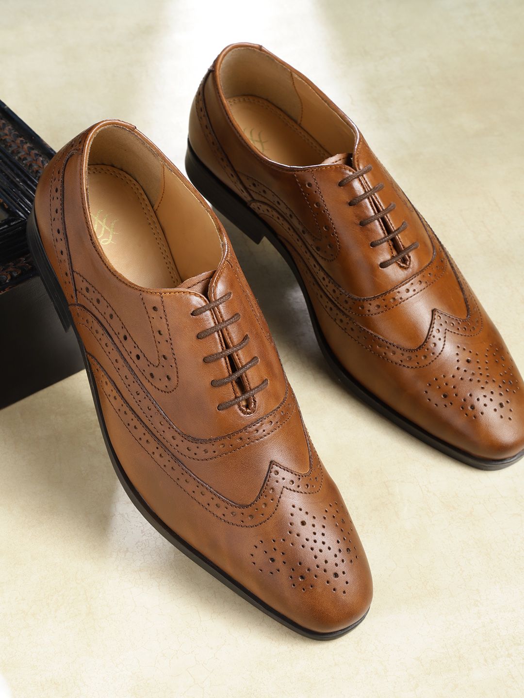 House of Pataudi Men Brown Leather Handcrafted Formal Brogues