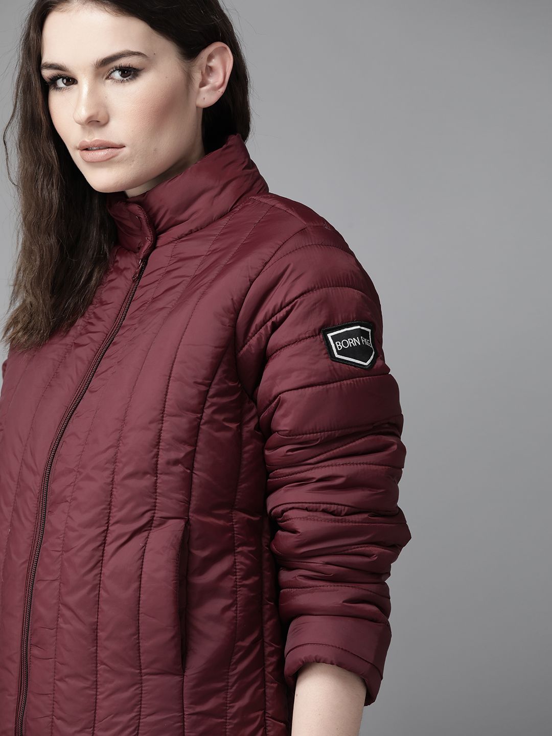 Roadster Women Burgundy Solid Puffer Jacket with Applique Detail Price in India