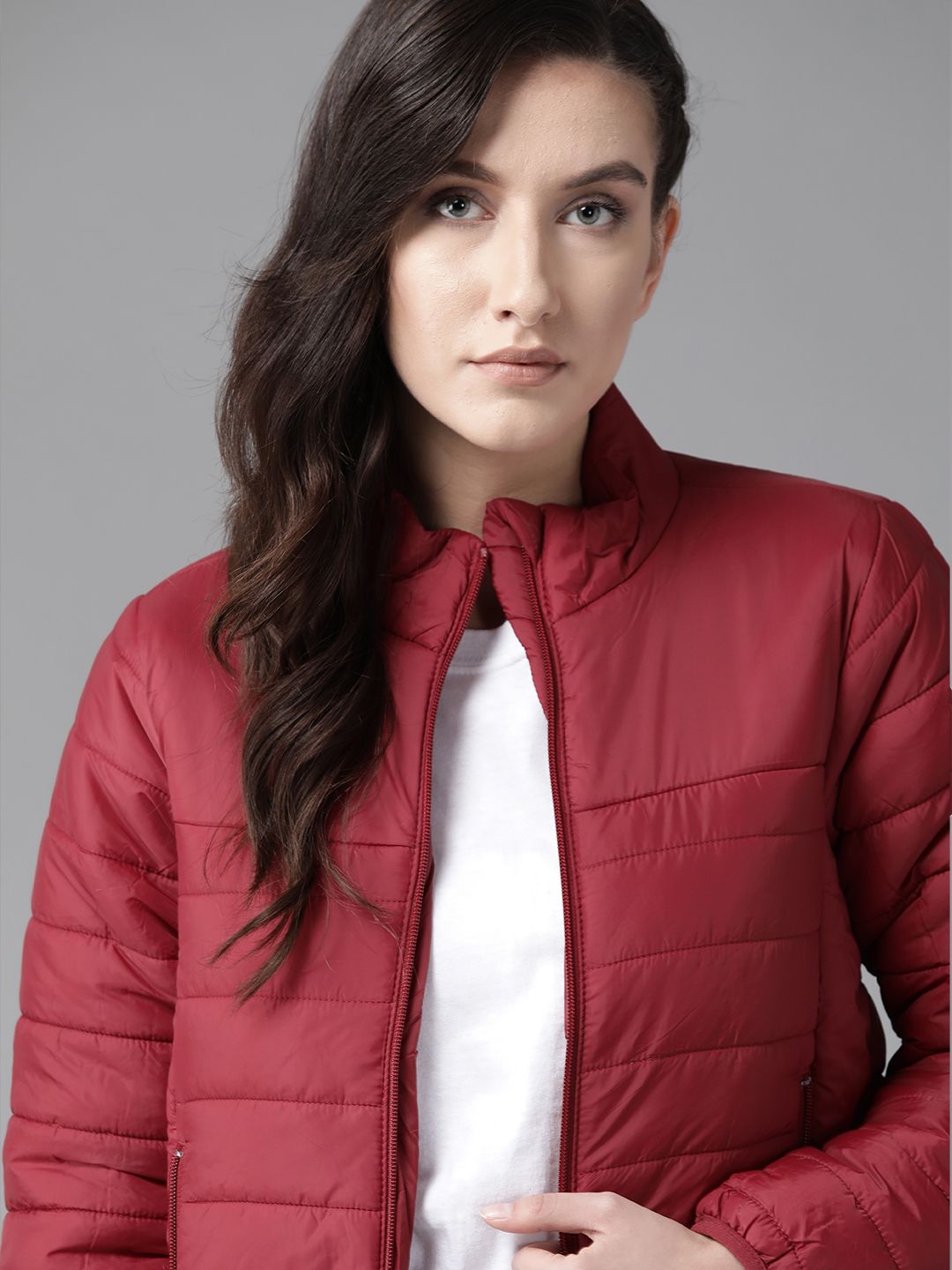 Roadster Women Red Solid Hooded Padded Jacket Price in India
