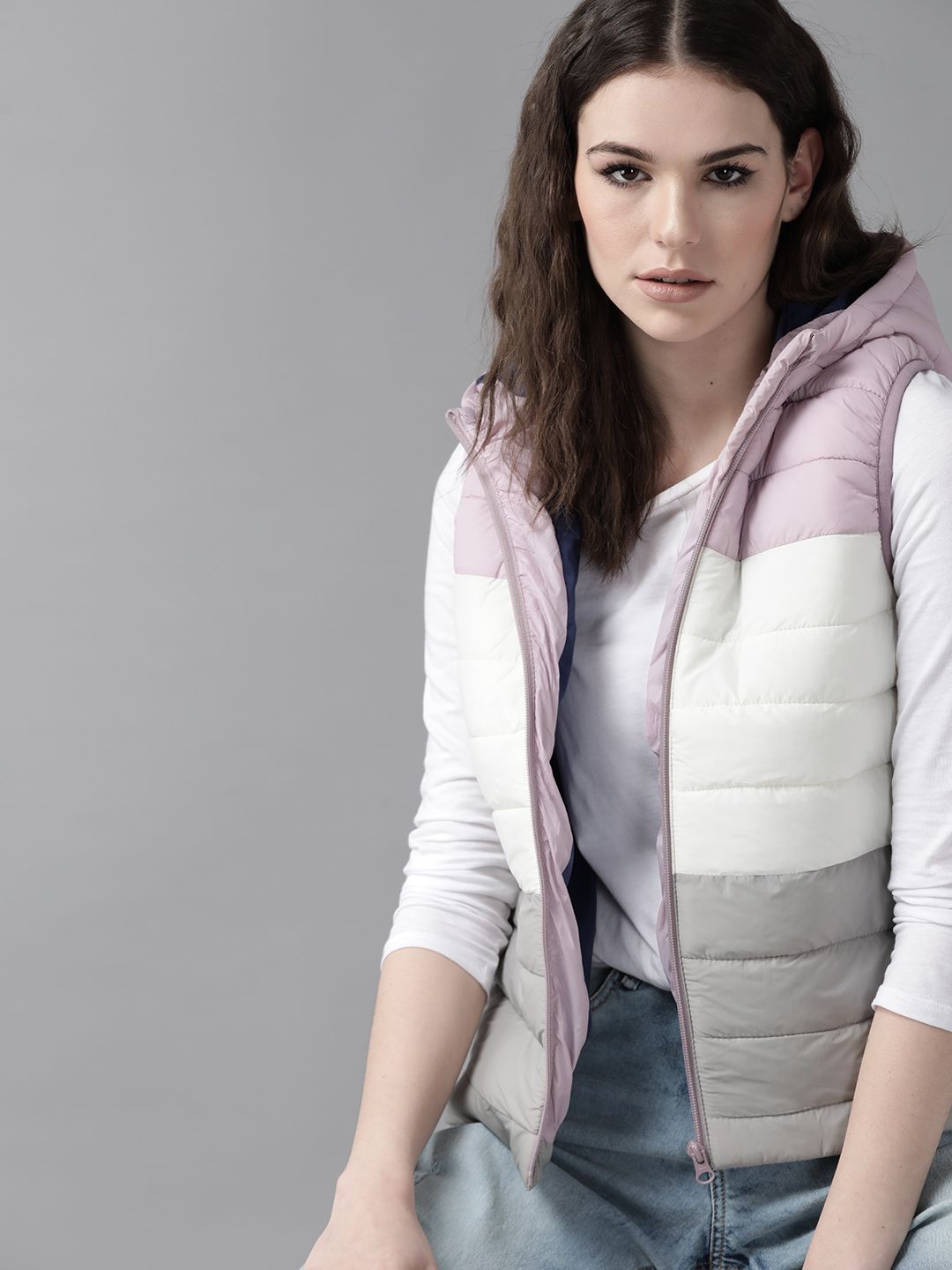 Roadster Women Pink & White Colourblocked Hooded Puffer Jacket Price in India