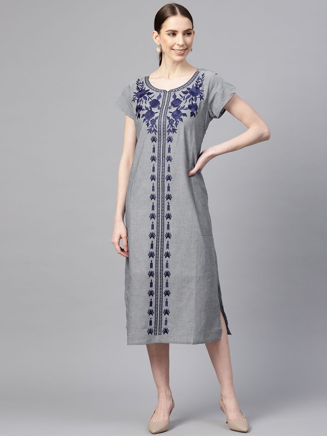 Vemante Women Grey & Navy Blue Resham Embroidery A-Line Dress