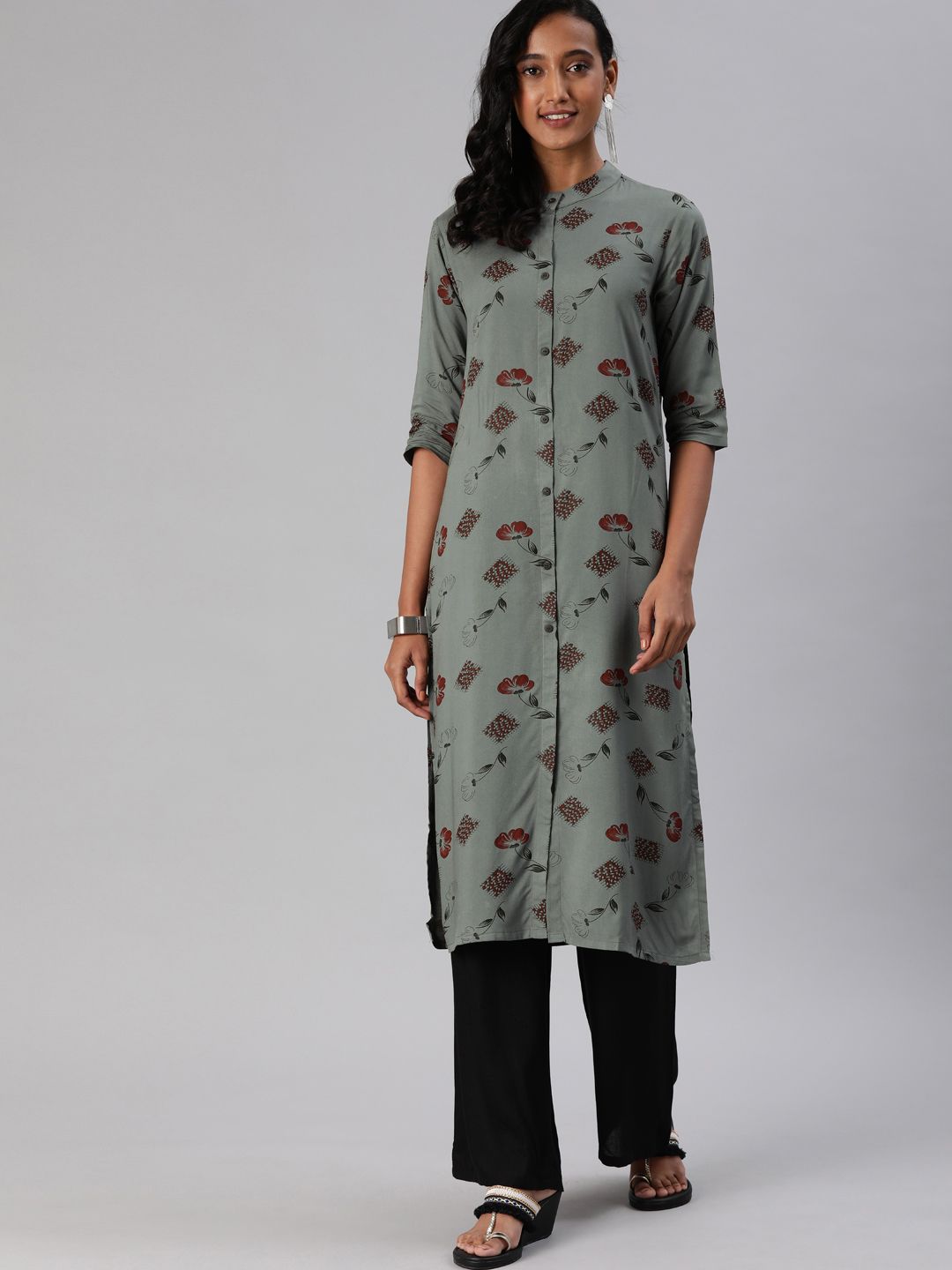 MIMOSA Women Grey Floral Printed Straight Kurta