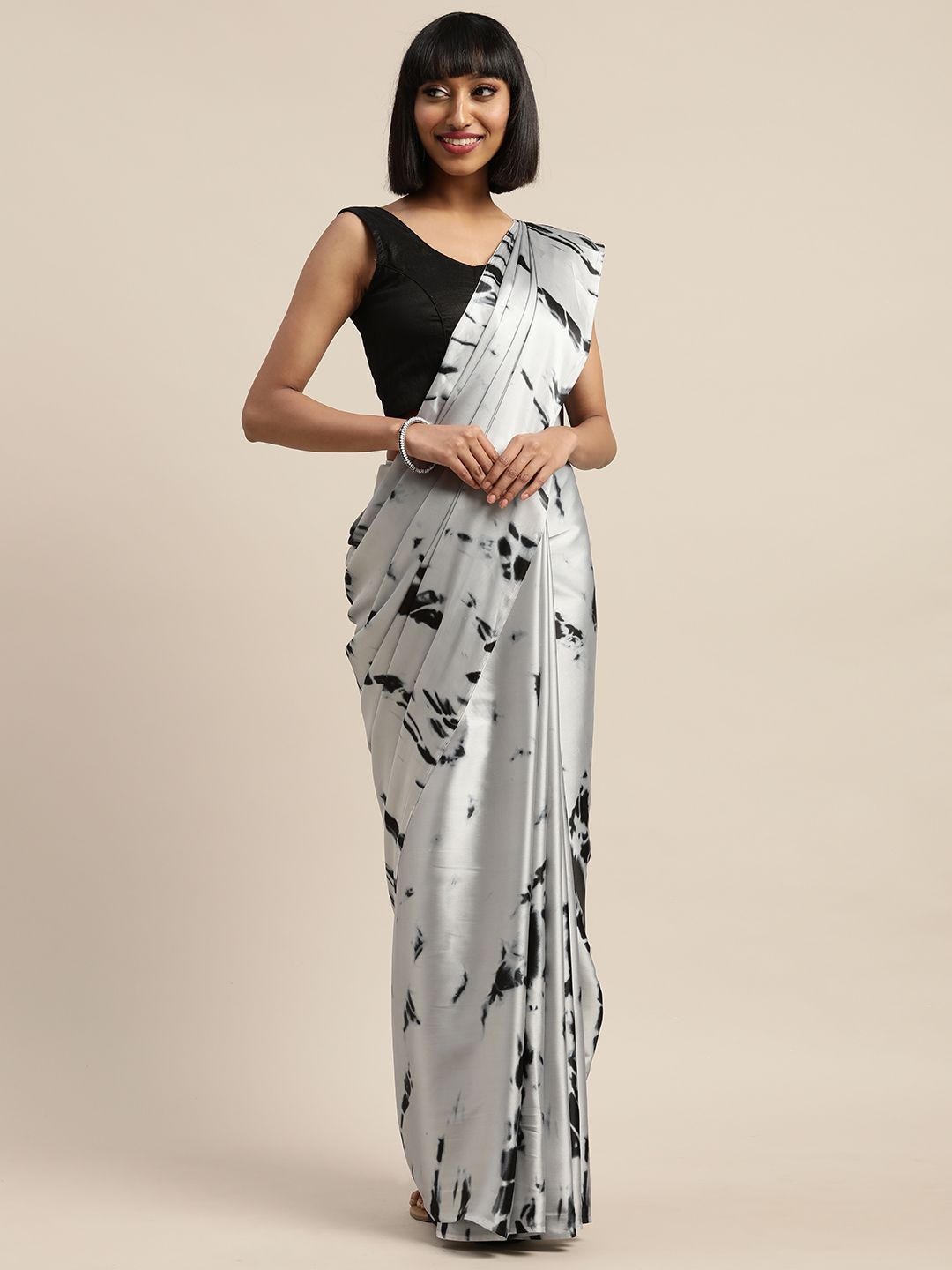 Mitera Grey & Black Ombre Printed Satin Saree Price in India