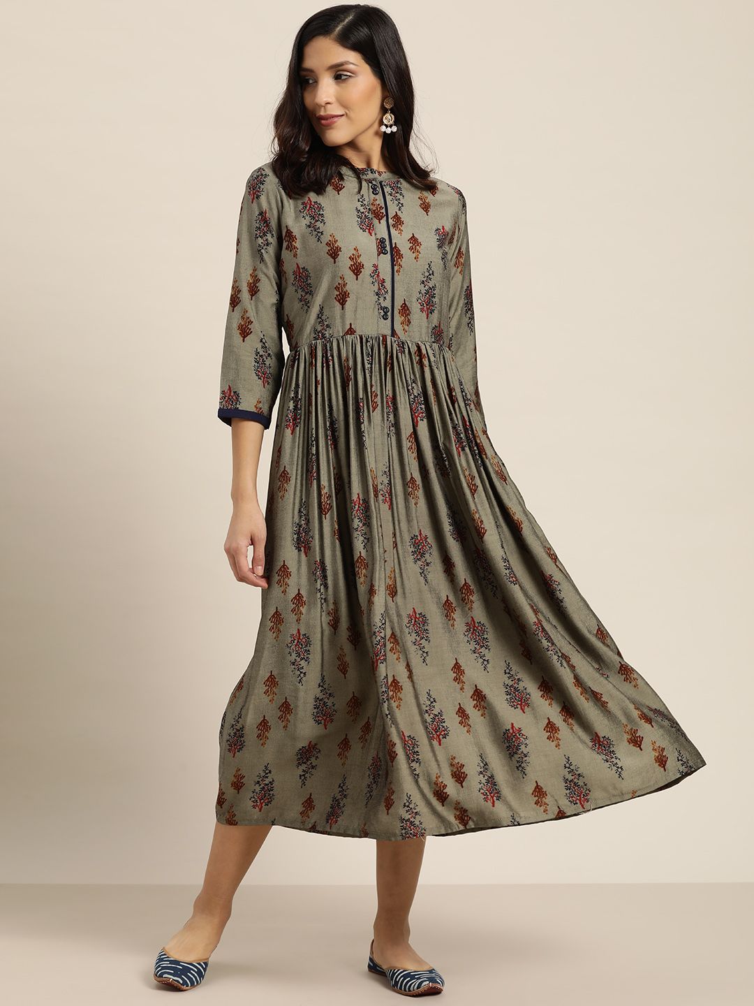 Sangria Women Grey & Maroon Ethnic Print A-Line Dress