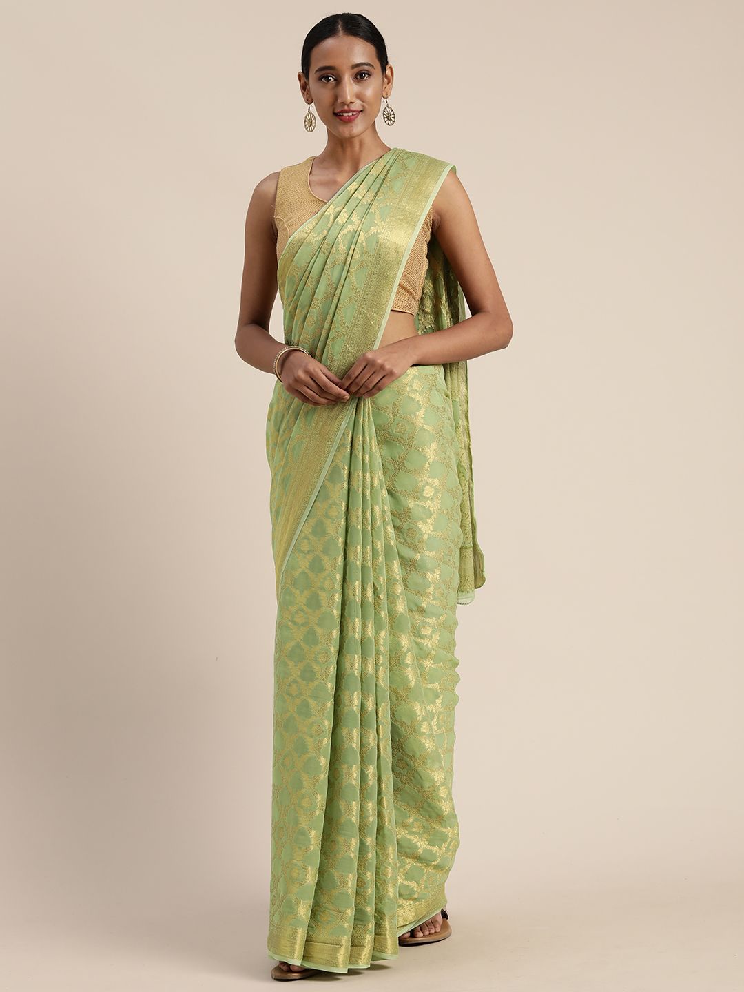 Geroo Jaipur Olive Green Floral Zari Hand Woven Georgette Saree Price in India