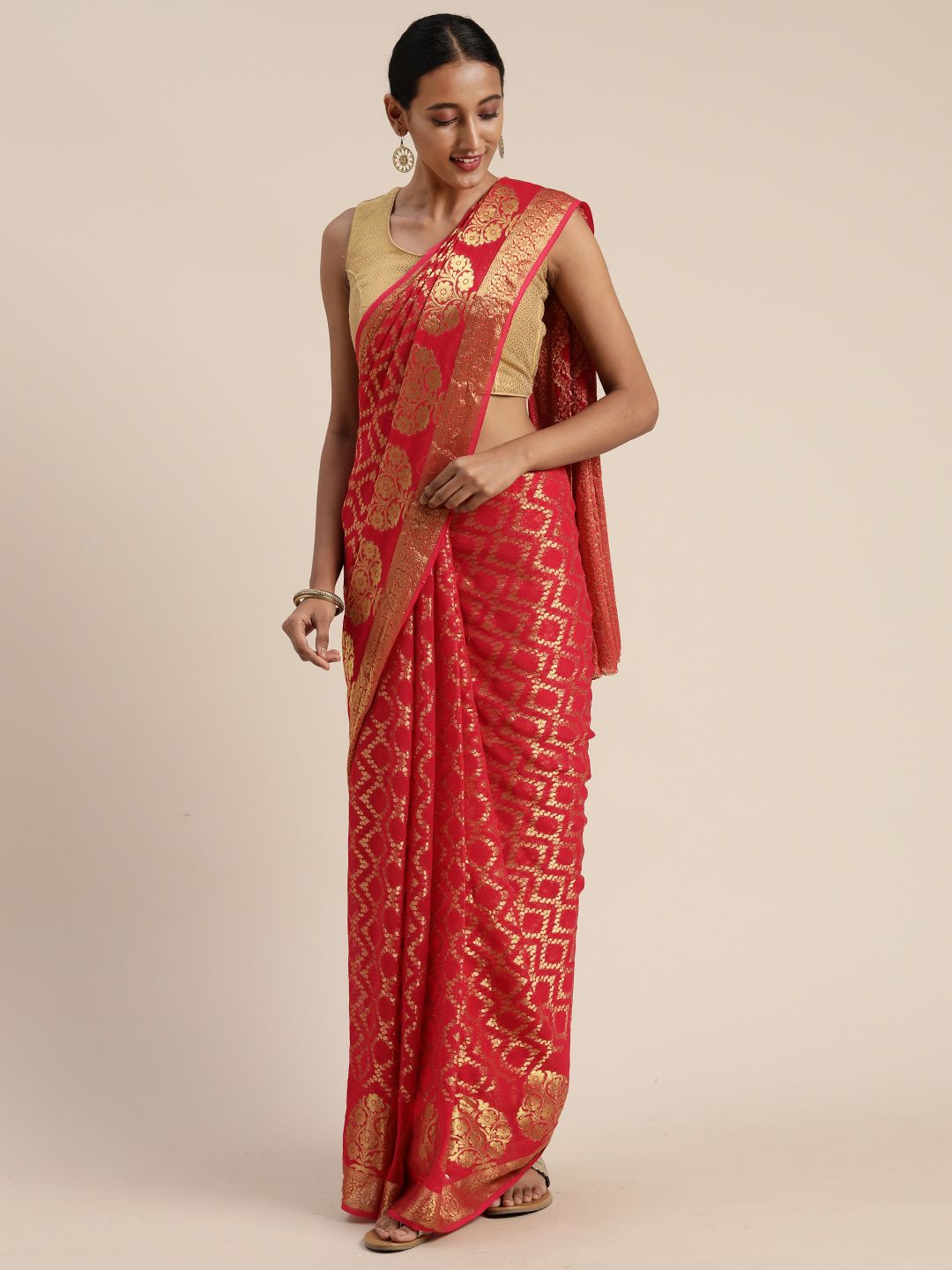 Geroo Jaipur Red Floral Zari Hand Woven Georgette Saree Price in India